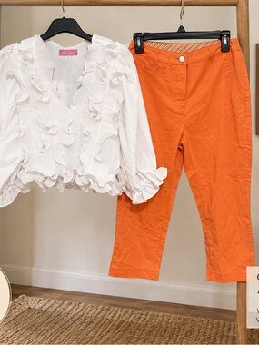 Bundle- Medium Ruffle Blouse & Tribal Orange Cropped Capri Pants